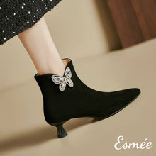 Load image into Gallery viewer, Black-Suede-Pointed-Toe-Ankle-Boots-with-Rhinestone-Butterfly-Design-model-shots