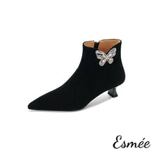 Load image into Gallery viewer, Black-Suede-Pointed-Toe-Ankle-Boots-with-Rhinestone-Butterfly-Design-product-shots-white-background