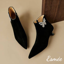 Load image into Gallery viewer, Black-Suede-Pointed-Toe-Ankle-Boots-with-Rhinestone-Butterfly-Design-product-shots
