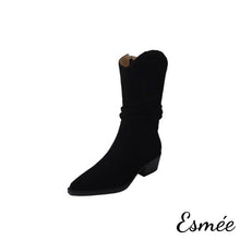 Load image into Gallery viewer, Black-Suede-Pointed-Toe-Riding-Boots-product-shots-white-background