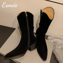 Load image into Gallery viewer, Black-Suede-Pointed-Toe-Riding-Boots-product-shots