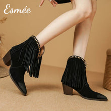 Load image into Gallery viewer, Black-Suede-Riding-Boots-with-Tassel-Design-model-shots