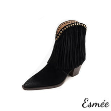 Load image into Gallery viewer, Black-Suede-Riding-Boots-with-Tassel-Design-product-shots-white-background
