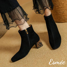 Load image into Gallery viewer, Black-Suede-Squared-Toe-Ankle-Boots-with-Leopard-Block-Heels-model-shots