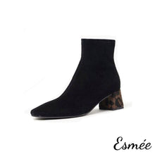 Load image into Gallery viewer, Black-Suede-Squared-Toe-Ankle-Boots-with-Leopard-Block-Heels-product-shots-white-background