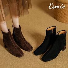 Load image into Gallery viewer, Black-Suede-Squared-Toe-Ankle-Boots-with-Leopard-Block-Heels-product-shots