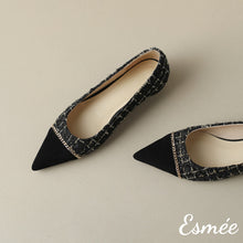 將圖片載入圖庫檢視器 Black-Tweed-Fabrics-Flats-with-Black-Pointy-Toe-and-Chain-Design-product-shots