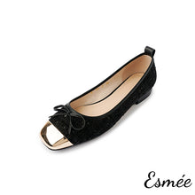 Load image into Gallery viewer, Black-Tweed-Fabrics-Flats-with-Bow-Knot-and-Golden-Toe-Cap-product-shots-white-background