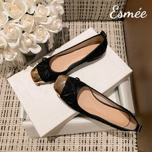 Load image into Gallery viewer, Black-Tweed-Fabrics-Flats-with-Bow-Knot-and-Golden-Toe-Cap-product-shots