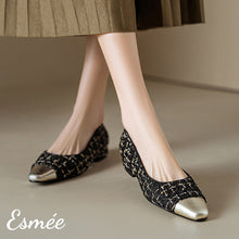 將圖片載入圖庫檢視器 Black-Tweed-Fabrics-Flats-with-Silver-Toe-Cap-model-shots