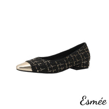 將圖片載入圖庫檢視器 Black-Tweed-Fabrics-Flats-with-Silver-Toe-Cap-product-shots-white-background