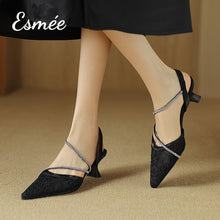 Load image into Gallery viewer, Black-Tweed-Fabrics-High-Heel-Sandals-with-Diamond-Straps-Design-model-shots