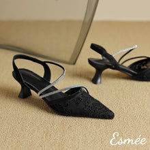 Load image into Gallery viewer, Black-Tweed-Fabrics-High-Heel-Sandals-with-Diamond-Straps-Design-product-shots