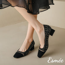 Load image into Gallery viewer, Black-Tweed-Fabrics-High-Heels-with-Chain-Design-model-shots