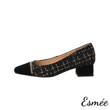 Load image into Gallery viewer, Black-Tweed-Fabrics-High-Heels-with-Chain-Design-product-shots-white-background