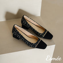 Load image into Gallery viewer, Black-Tweed-Fabrics-High-Heels-with-Chain-Design-product-shots