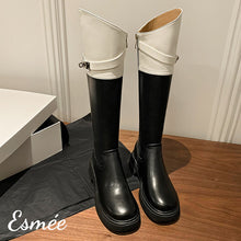 Load image into Gallery viewer, Black-White-Dual-Color-Leather-Long-Boots-with-Metal-Buckle-Design-product-shots
