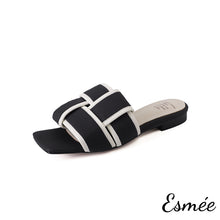 Load image into Gallery viewer, Black-White-Leather-Flat-Sandals-with-Thick-Woven-Design-product-shots-white-background