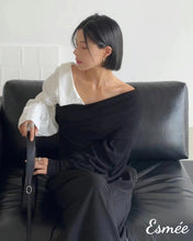 Load image into Gallery viewer, Black-and-White-Dual-Color-Shirt-Top-with-Surplice-Design-model-shots-1