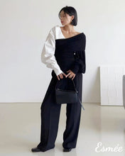 Load image into Gallery viewer, Black-and-White-Dual-Color-Shirt-Top-with-Surplice-Design-model-shots-2
