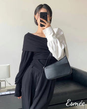 Load image into Gallery viewer, Black-and-White-Dual-Color-Shirt-Top-with-Surplice-Design-model-shots