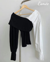 Load image into Gallery viewer, Black-and-White-Dual-Color-Shirt-Top-with-Surplice-Design-product-shots