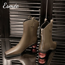 將圖片載入圖庫檢視器 Blackish-Green-Leather-Ankle-Boots-with-Red-Sphere-Heels-product-shots