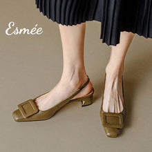 Load image into Gallery viewer, Blackish-Green-Leather-High-Heel-Slingback-with-Buckle-Design-model-shots