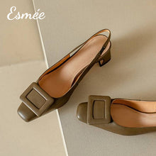 Load image into Gallery viewer, Blackish-Green-Leather-High-Heel-Slingback-with-Buckle-Design-product-shots