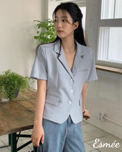 Load image into Gallery viewer, Blue-Cotton-Blazer-with-Short-Sleeves-model-shots-1