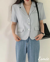 Load image into Gallery viewer, Blue-Cotton-Blazer-with-Short-Sleeves-model-shots