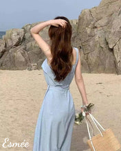 將圖片載入圖庫檢視器 Blue-Korean-Cotton-Midi-Dress-with-Belt-and-Layered-Detail-model-shots-2