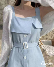 將圖片載入圖庫檢視器 Blue-Korean-Cotton-Midi-Dress-with-Belt-and-Layered-Detail-model-shots