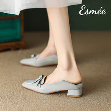 Load image into Gallery viewer, Blue-Leather-High-Heel-Loafers-with-artful-knots-model-shots