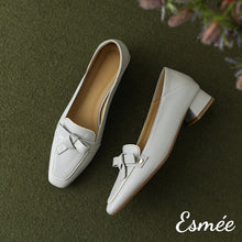 Load image into Gallery viewer, Blue-Leather-High-Heel-Loafers-with-artful-knots-product-shots