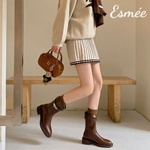 Load image into Gallery viewer, Brown-Calfskin-Leather-Mid-Boots-with-Metal-Lock-Buckle-model-shots