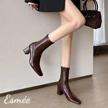 Load image into Gallery viewer, Brown-Leather-Ankle-Boots-with-7cm-Block-Heels-model-shots