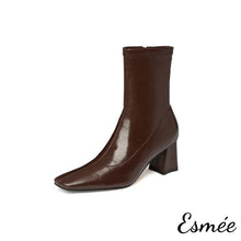 Load image into Gallery viewer, Brown-Leather-Ankle-Boots-with-7cm-Block-Heels-product-shots-white-background