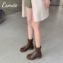 Load image into Gallery viewer, Brown-Leather-Ankle-Boots-with-Metal-Buckle-Design-model-shots