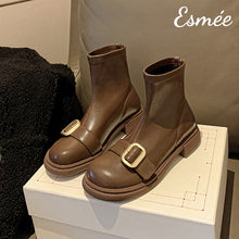 Load image into Gallery viewer, Brown-Leather-Ankle-Boots-with-Metal-Buckle-Design-product-shots