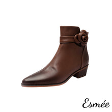 將圖片載入圖庫檢視器 Brown-Leather-Ankle-Boots-with-Pointed-Toe-and-Rosebud-Design-product-shots-white-background