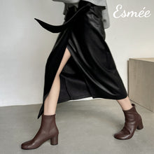 Load image into Gallery viewer, Brown-Leather-Ankle-Boots-with-Round-Toe-and-Cylinder-Heels-model-shots