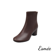 Load image into Gallery viewer, Brown-Leather-Ankle-Boots-with-Round-Toe-and-Cylinder-Heels-product-shots-white-background