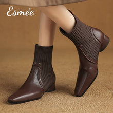 將圖片載入圖庫檢視器 Brown-Leather-Ankle-Boots-with-Sock-Tube-Design-model-shots