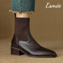將圖片載入圖庫檢視器 Brown-Leather-Ankle-Boots-with-Sock-Tube-Design-model-shots