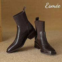 將圖片載入圖庫檢視器 Brown-Leather-Ankle-Boots-with-Sock-Tube-Design-product-shots