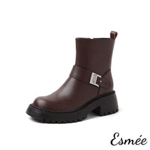 將圖片載入圖庫檢視器 Brown-Leather-Ankle-Boots-with-Thickened-Outsole-and-Metal-Buckle-Design-product-shots-white-background