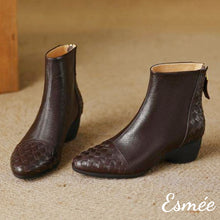 將圖片載入圖庫檢視器 Brown-Leather-Ankle-Boots-with-Woven-Toe-Cap-Design-product-shots
