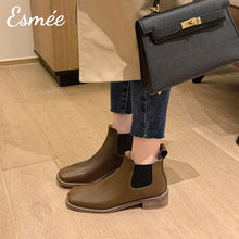 將圖片載入圖庫檢視器 Brown-Leather-Ankle-Chelsea-Boots-with-Square-Toe-Design-model-shots