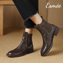 Load image into Gallery viewer, Brown-Leather-Chelsea-Boots-with-Rhinestone-Design-model-shots